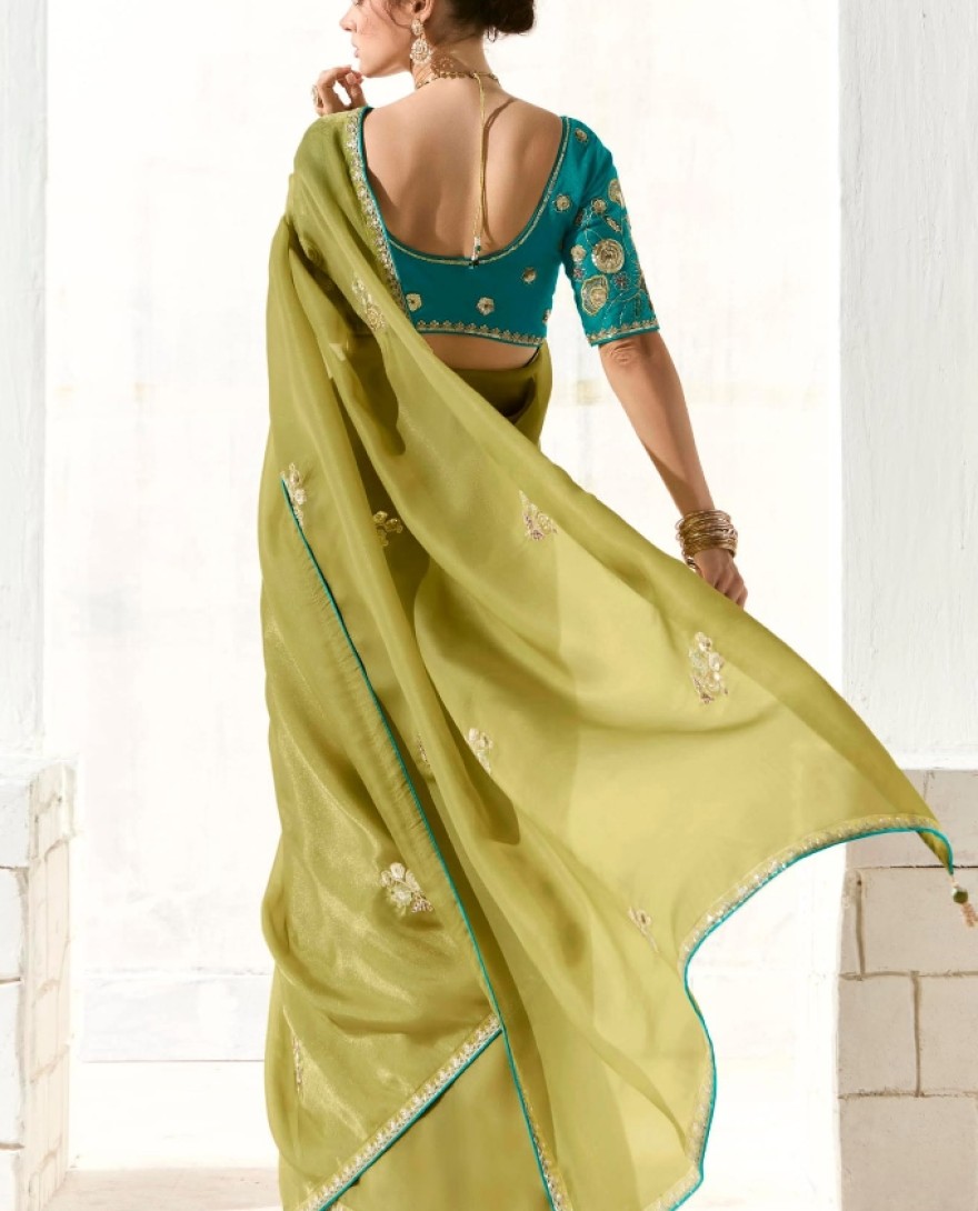 2221 - CHARMING LIGHT GREEN THREAD WORK TISSUE SILK MEHENDI WEAR SAREE